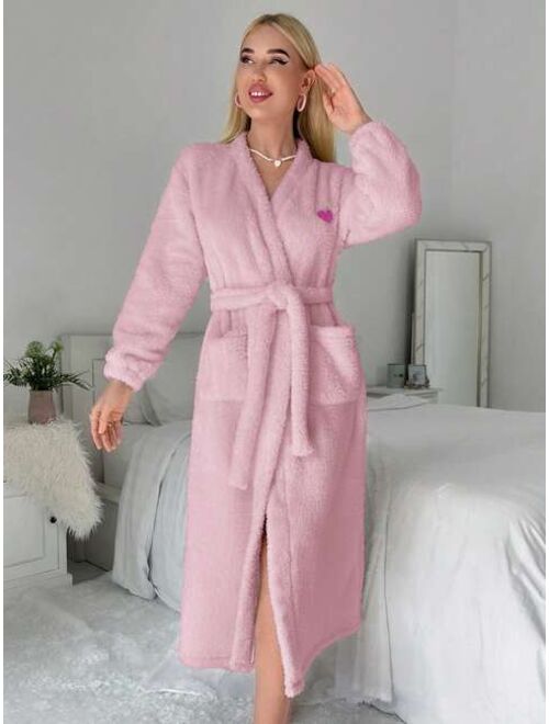 Woman's Plush Robe With Belt And Heart Embroidery