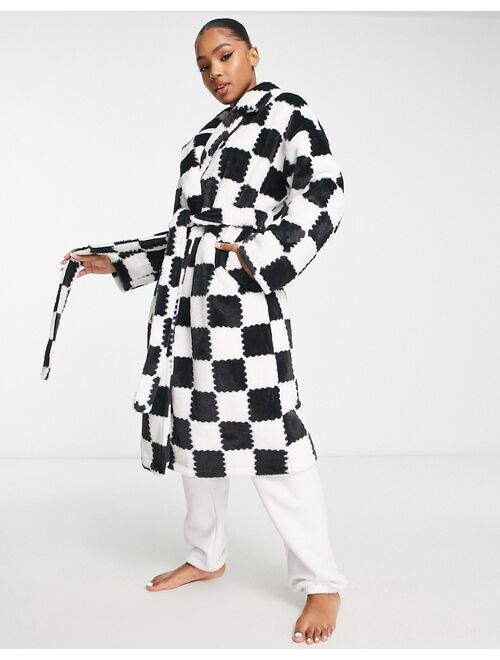 ASOS DESIGN patchwork plaid faux fur midi robe in black & white