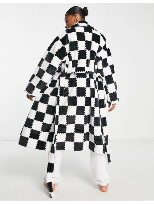 ASOS DESIGN patchwork plaid faux fur midi robe in black & white