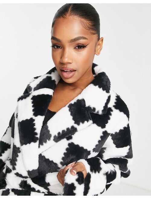 ASOS DESIGN patchwork plaid faux fur midi robe in black & white