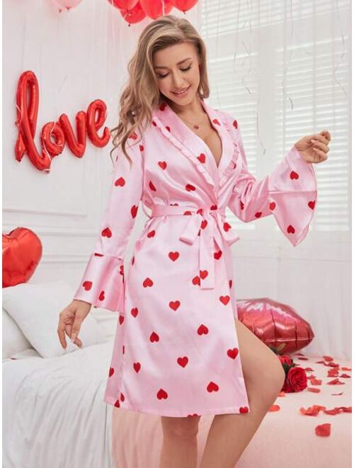 Women'S Heart Print Flared Sleeve Belted Robe