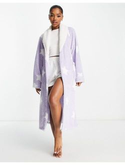 Loungeable soft fluffy waffle robe with star print in lilac