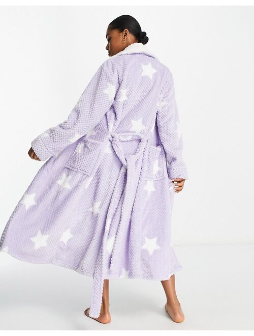 Loungeable soft fluffy waffle robe with star print in lilac