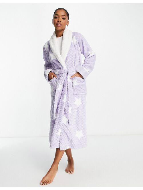 Loungeable soft fluffy waffle robe with star print in lilac