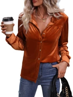 Women's Solid Button Down Long Sleeve Collar Velvet Shirt Blouse Top