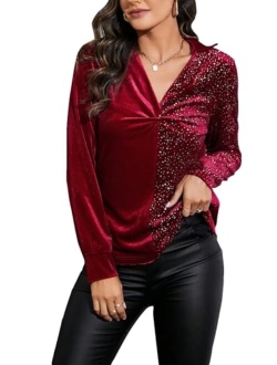 Women's Solid Button Down Long Sleeve Collar Velvet Shirt Blouse Top