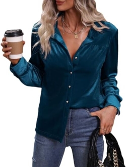 Women's Solid Button Down Long Sleeve Collar Velvet Shirt Blouse Top