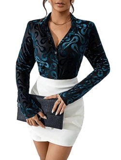 Women's Solid Button Down Long Sleeve Collar Velvet Shirt Blouse Top