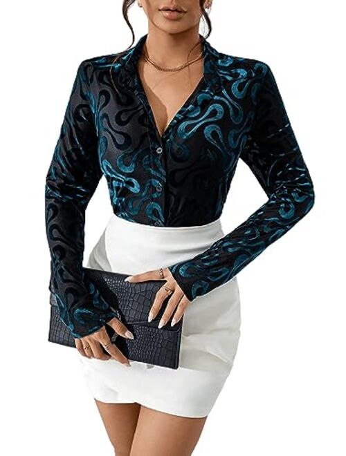 Floerns Women's Solid Button Down Long Sleeve Collar Velvet Shirt Blouse Top