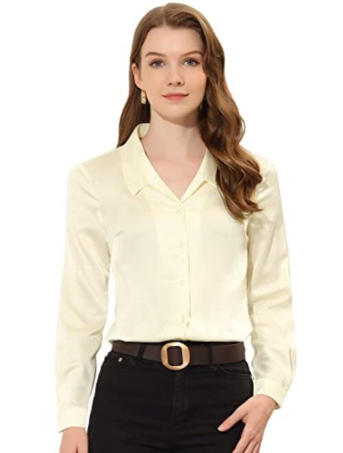 Allegra K Satin Blouse for Women's Button Down Work Office Long Sleeve Top