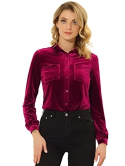 Women's Velvet Shirt Christmas Casual Long Sleeve Button Down Blouse Top