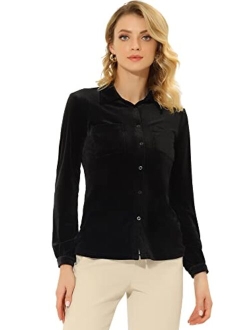 Women's Velvet Shirt Christmas Casual Long Sleeve Button Down Blouse Top