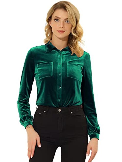 Allegra K Women's Velvet Shirt Christmas Casual Long Sleeve Button Down Blouse Top