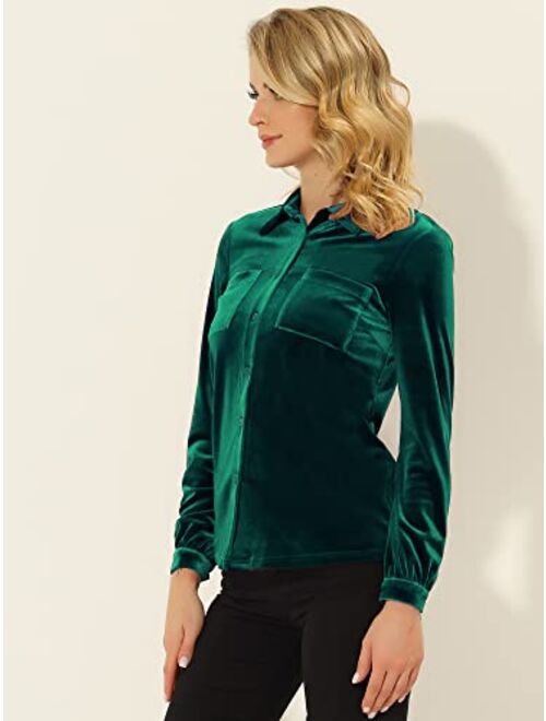 Allegra K Women's Velvet Shirt Christmas Casual Long Sleeve Button Down Blouse Top