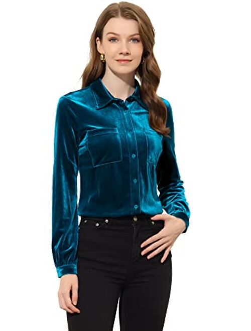 Allegra K Women's Velvet Shirt Christmas Casual Long Sleeve Button Down Blouse Top