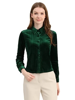 Women's Point Collar Velvet Blouse Long Sleeves Button Up Shirt