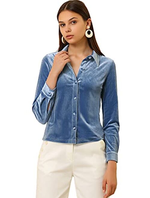 Allegra K Women's Point Collar Velvet Blouse Long Sleeves Button Up Shirt