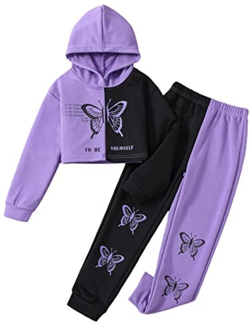 SOLY HUX Girl's 2 Piece Outfits Color Block Butterfly Print Long Sleeve Hoodies Sweatshirt Tops and Sweatpants Set