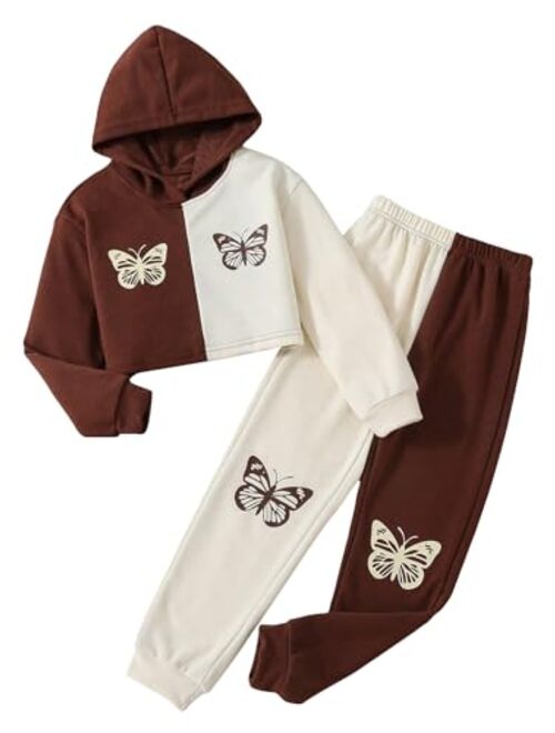 SOLY HUX Girl's 2 Piece Outfits Color Block Butterfly Print Long Sleeve Hoodies Sweatshirt Tops and Sweatpants Set