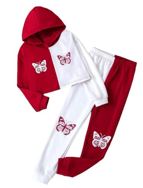 SOLY HUX Girl's 2 Piece Outfits Color Block Butterfly Print Long Sleeve Hoodies Sweatshirt Tops and Sweatpants Set