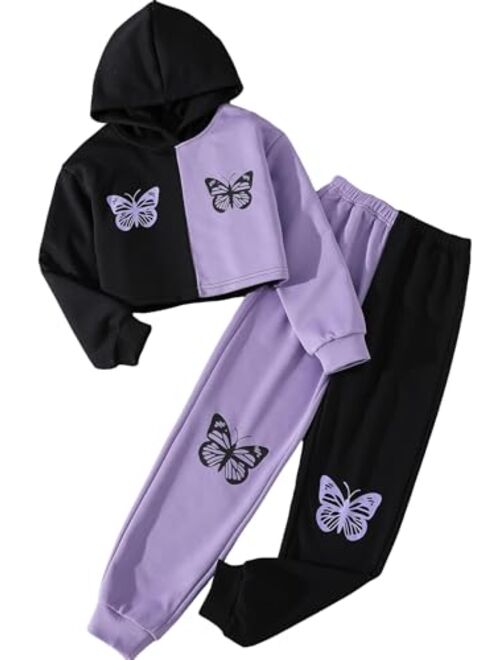 SOLY HUX Girl's 2 Piece Outfits Color Block Butterfly Print Long Sleeve Hoodies Sweatshirt Tops and Sweatpants Set