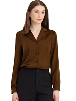 Women's Elegant Collar Blouse Long Sleeve Work Office Button Down Satin Shirt