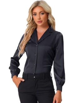 Women's Elegant Collar Blouse Long Sleeve Work Office Button Down Satin Shirt