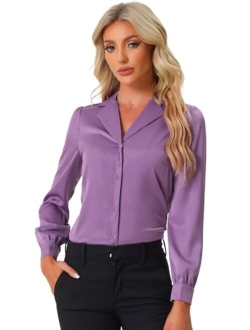 Women's Elegant Collar Blouse Long Sleeve Work Office Button Down Satin Shirt