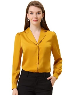 Women's Elegant Collar Blouse Long Sleeve Work Office Button Down Satin Shirt