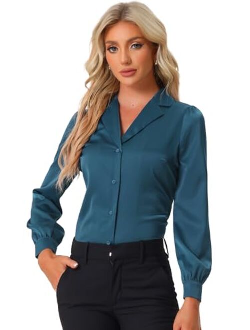 Allegra K Women's Elegant Collar Blouse Long Sleeve Work Office Button Down Satin Shirt