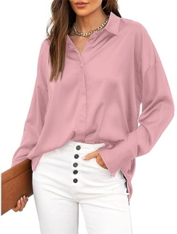 Sucolan Womens Button Down Shirt Satin Short Sleeve Button Up Shirts Casual V Neck Silk Blouses Office Work Tunic Tops