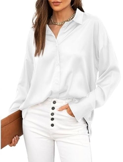 Sucolan Womens Button Down Shirt Satin Short Sleeve Button Up Shirts Casual V Neck Silk Blouses Office Work Tunic Tops