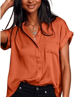 Sucolan Womens Button Down Shirt Satin Short Sleeve Button Up Shirts Casual V Neck Silk Blouses Office Work Tunic Tops