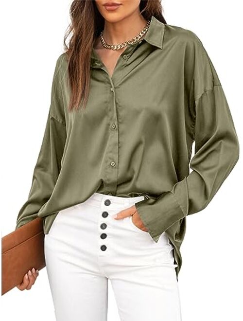 Sucolan Womens Button Down Shirt Satin Short Sleeve Button Up Shirts Casual V Neck Silk Blouses Office Work Tunic Tops