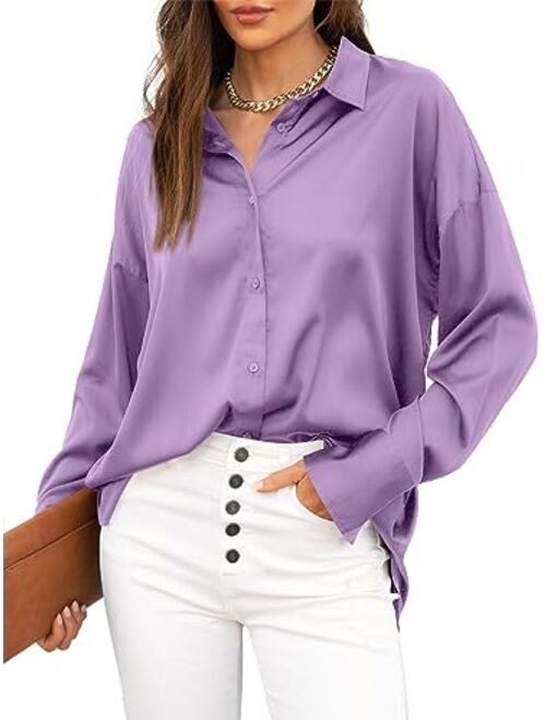 Sucolan Womens Button Down Shirt Satin Short Sleeve Button Up Shirts Casual V Neck Silk Blouses Office Work Tunic Tops