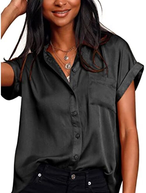 Sucolan Womens Button Down Shirt Satin Short Sleeve Button Up Shirts Casual V Neck Silk Blouses Office Work Tunic Tops