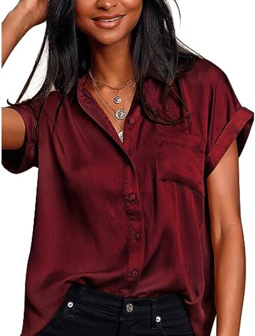 Sucolan Womens Button Down Shirt Satin Short Sleeve Button Up Shirts Casual V Neck Silk Blouses Office Work Tunic Tops