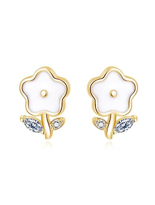 Reffeer Solid 925 Sterling Silver Cute Flower Studs Earrings for Women Teen Girls Tiny Daisy Earrings Studs