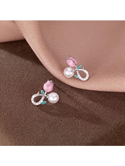 Reffeer Solid 925 Sterling Silver Pink Flower Stud Earrings for Women Girls Tulip Pearl Stud Earrings