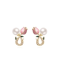 Reffeer Solid 925 Sterling Silver Pink Flower Stud Earrings for Women Girls Tulip Pearl Stud Earrings