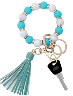 Munchewy Silicone Key Ring Bracelet for Women, Elastic Beaded Wristlet Keychain Key Holder with Zircon & Tassel for Christmas Day Gift