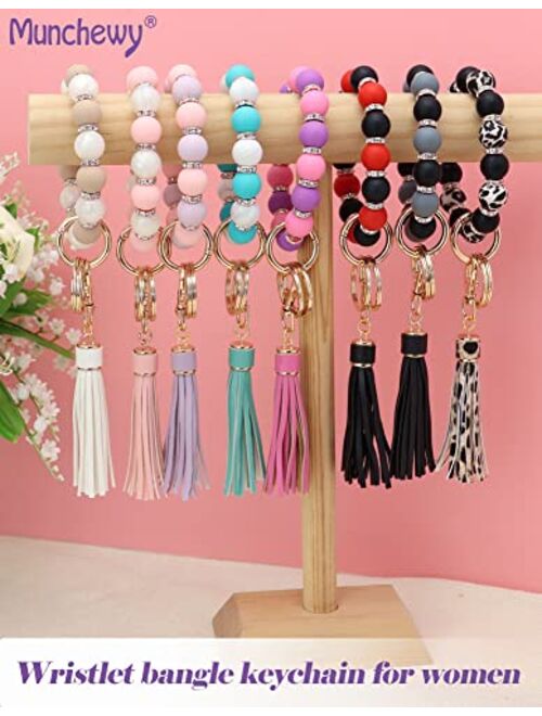 Munchewy Silicone Key Ring Bracelet for Women, Elastic Beaded Wristlet Keychain Key Holder with Zircon & Tassel for Christmas Day Gift