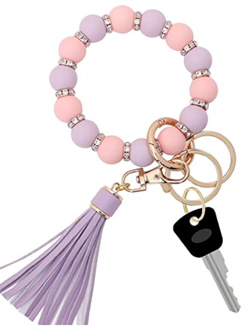 Munchewy Silicone Key Ring Bracelet for Women, Elastic Beaded Wristlet Keychain Key Holder with Zircon & Tassel for Christmas Day Gift