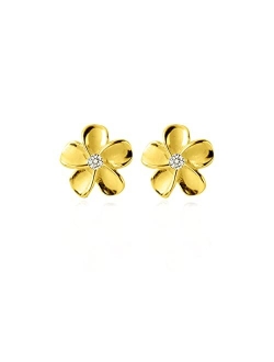 Reffeer Solid 925 Sterling Silver Plumeria Flower Stud Earrings for Women Girls Crystal Flower Stud Earrings