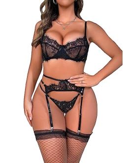 Women's Sheer Floral Lace Underwired Exotic Lingerie Set with Garter and Stockings
