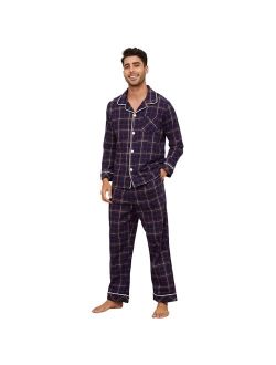 Vulcanodon Men's 100% Cotton Flannel Pajama Sets, Soft Plaid PJS Long Sleeve Sleepwear 2 Piece Button Down Lounge Set