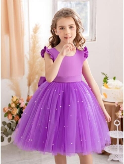 Shein Young girl flutter sleeve mesh dress princess dress suitable for birthday party dance party casual daily musical instrument concert stage performance costume dress