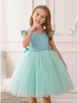 Shein Young girl flutter sleeve mesh dress princess dress suitable for birthday party dance party casual daily musical instrument concert stage performance costume dress