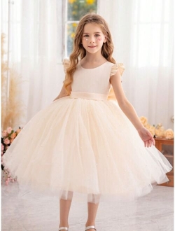 Shein Young girl flutter sleeve mesh dress princess dress suitable for birthday party dance party casual daily musical instrument concert stage performance costume dress