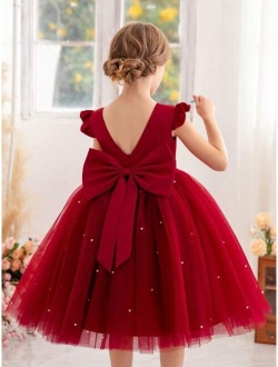 Shein Young girl flutter sleeve mesh dress princess dress suitable for birthday party dance party casual daily musical instrument concert stage performance costume dress